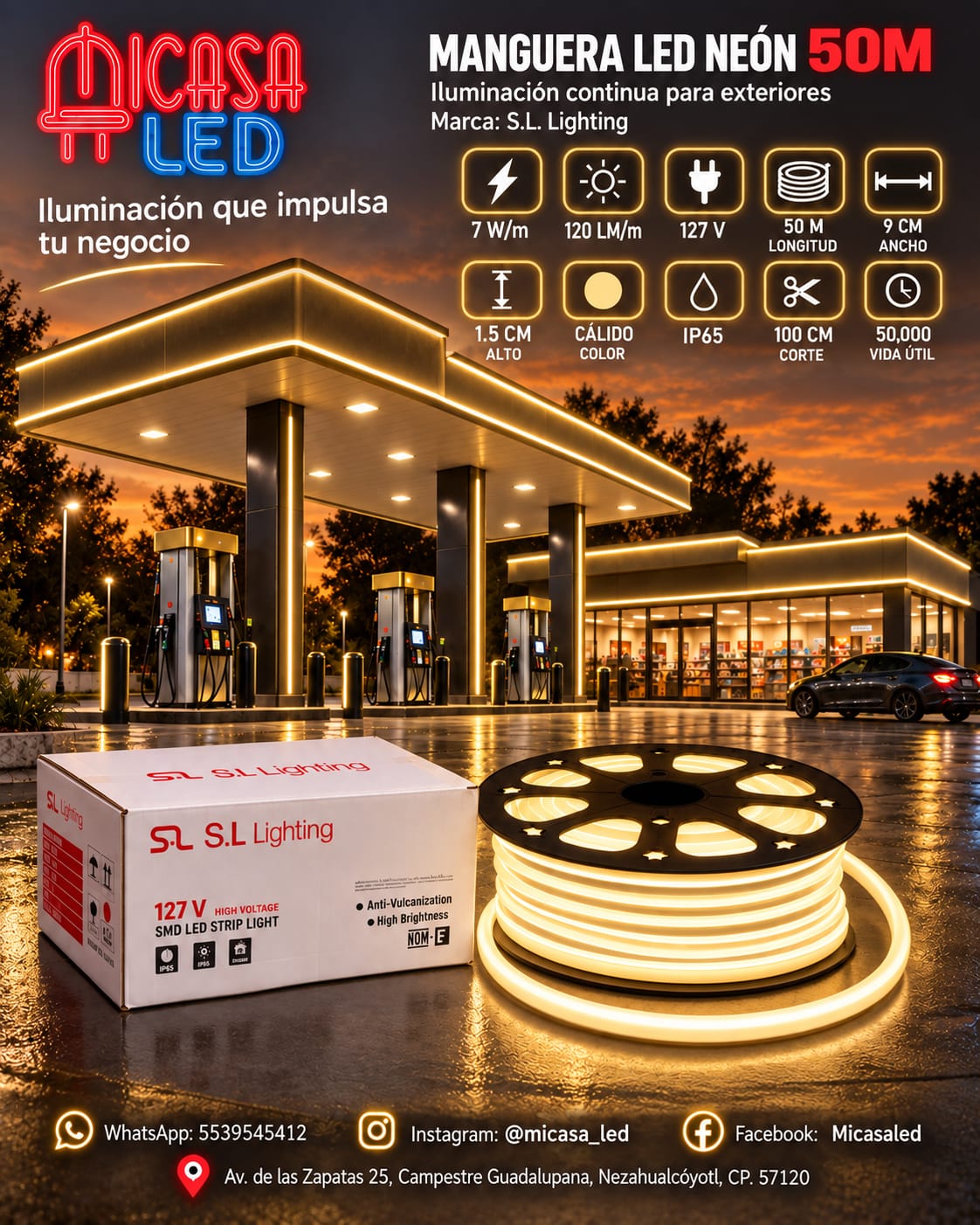 Manguera LED neón S.L. Lighting de 50 m luz cálida para exterior
