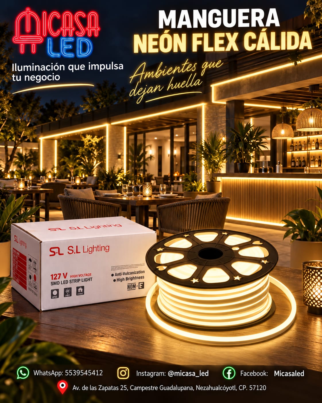 Manguera LED Neón 50 m Luz Cálida 127 V SL