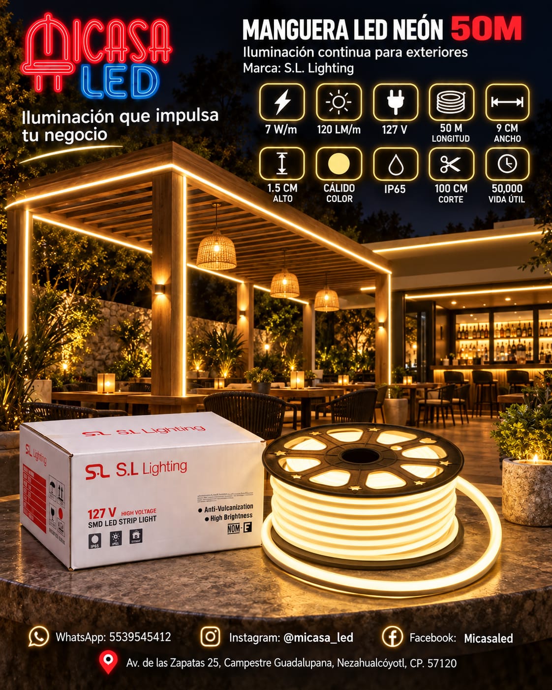 Manguera LED Neón 50 m Luz Cálida 127 V SL