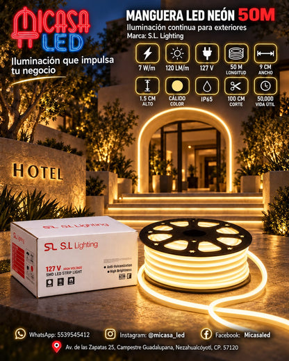 Manguera LED Neón 50 m Luz Cálida 127 V SL