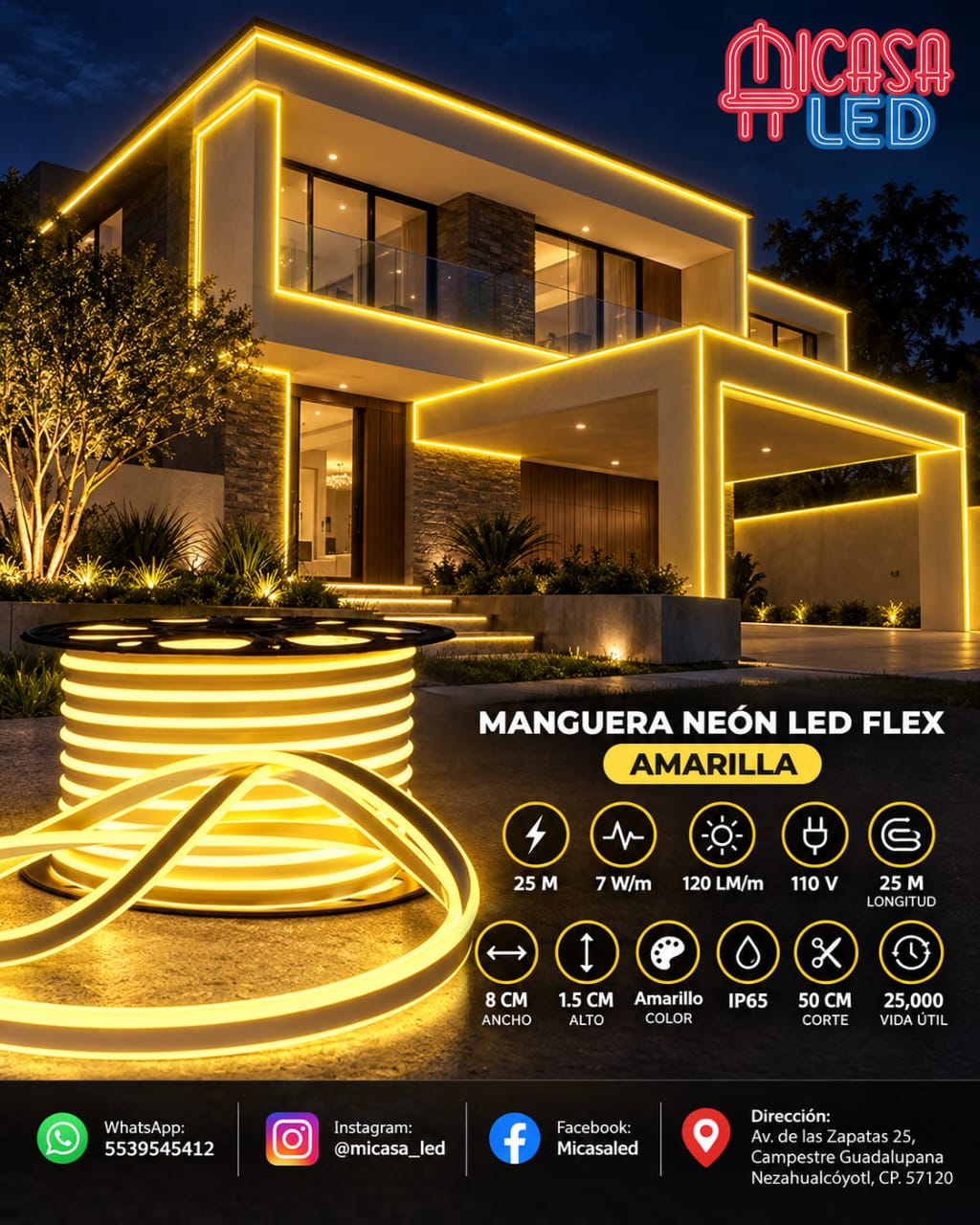 Manguera Neón LED Flex 25 m Amarilla MICASA LED