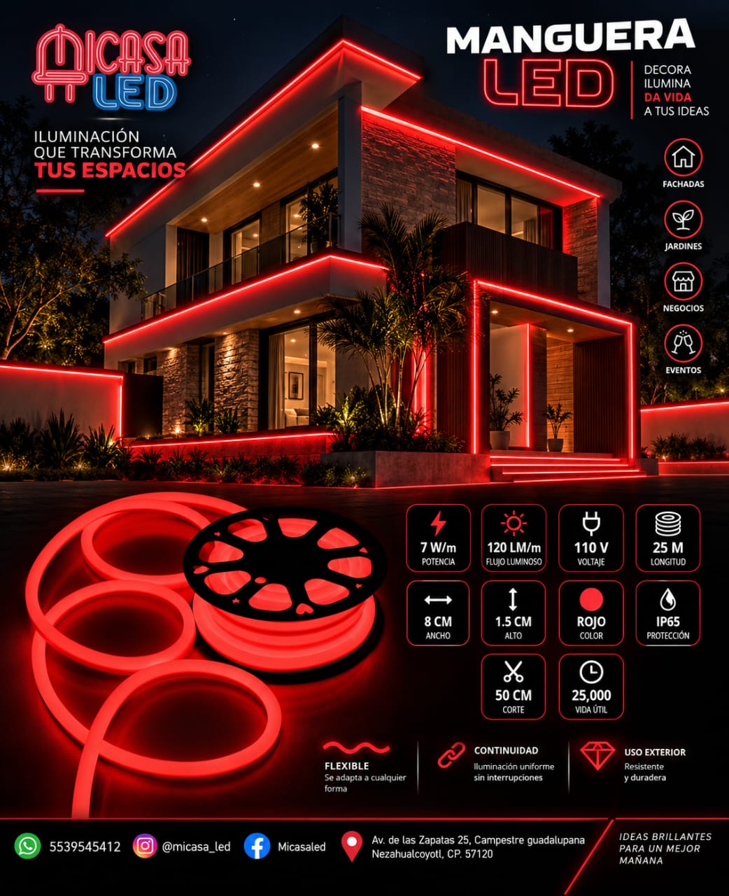 Manguera Neón LED Flex 25 m Roja MICASA LED