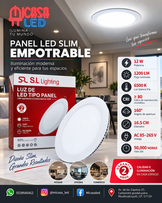 Panel LED Slim redondo empotrable S.L. Lighting de 12 W luz blanca 6500 K