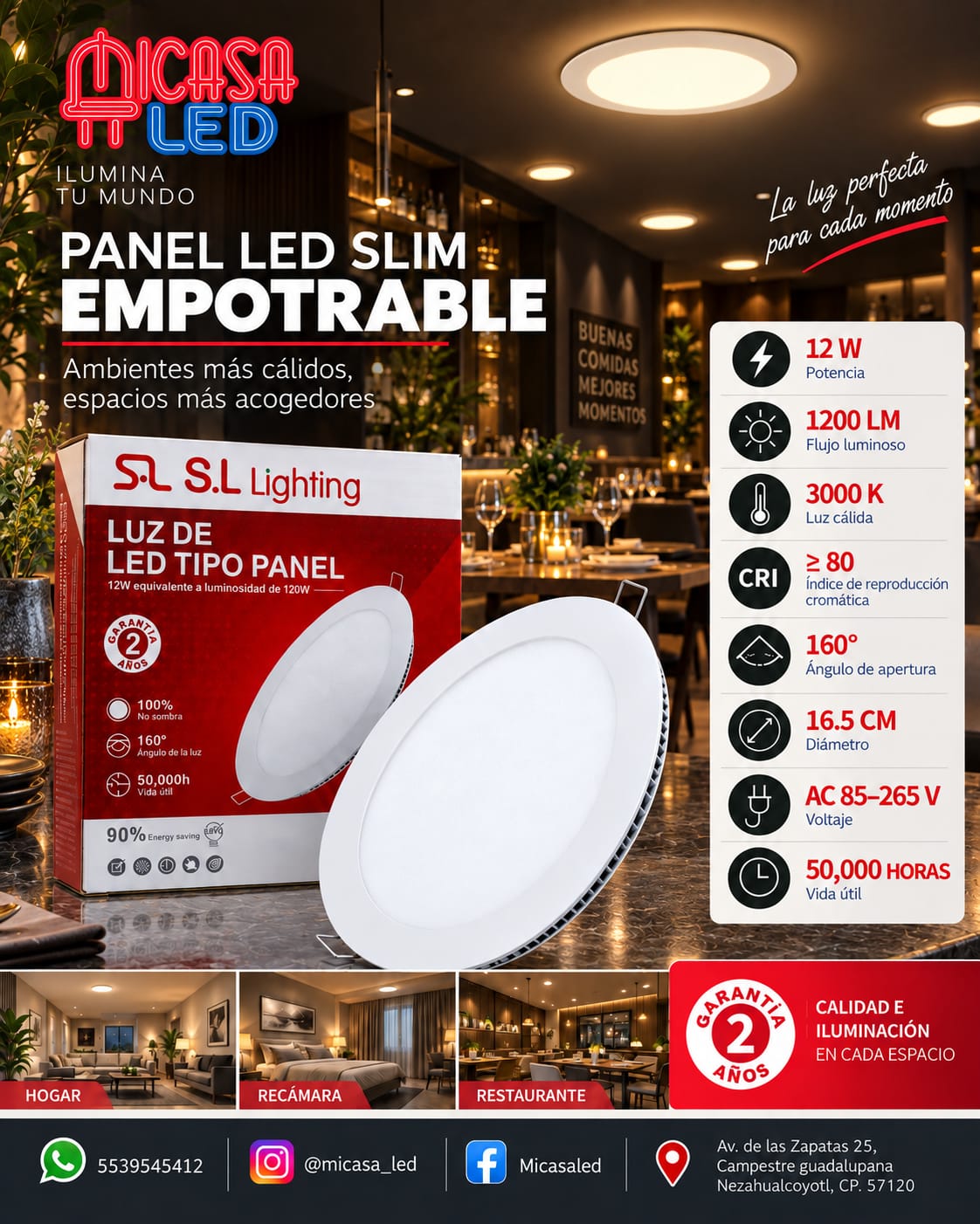 Panel LED Slim Redondo Empotrable 12 W SL