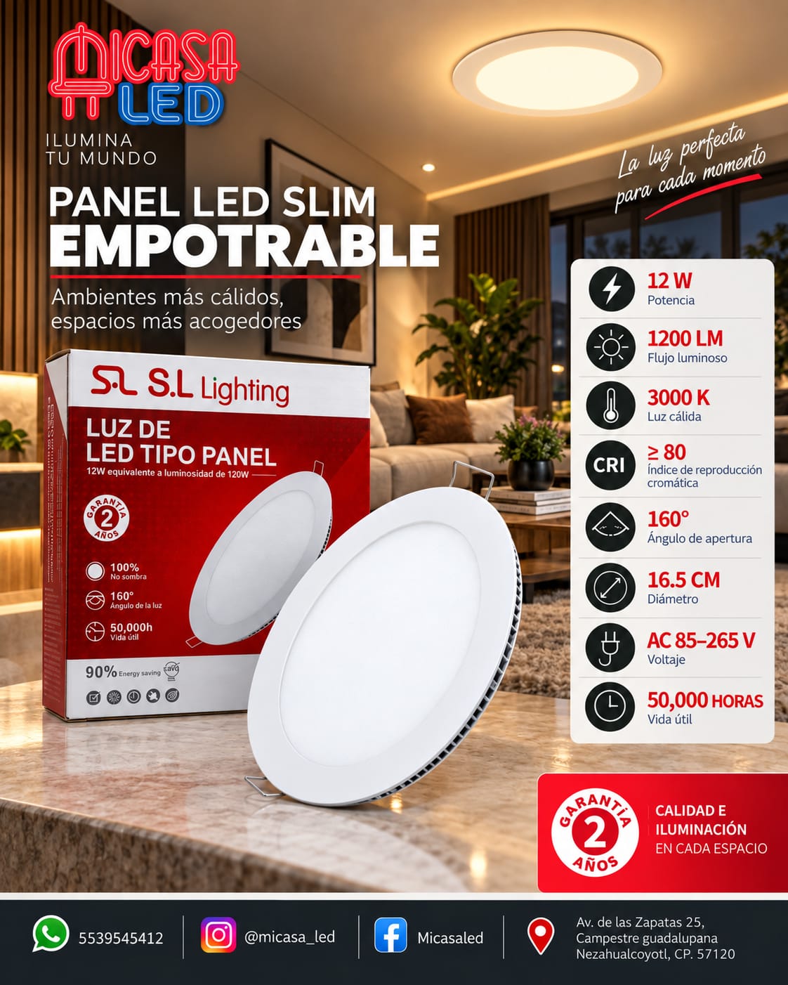 Panel LED Slim Redondo Empotrable 12 W SL