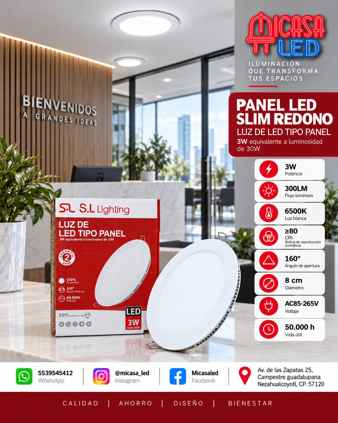 Panel LED Empotrable Slim Redondo 3W SL