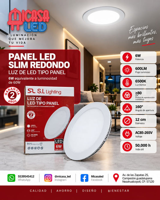 Panel LED Slim redondo empotrable S.L. Lighting de 6 W luz blanca 6500 K