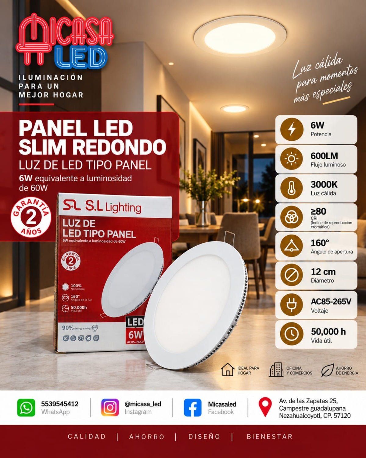 Panel LED Slim Redondo Empotrable 6 W SL
