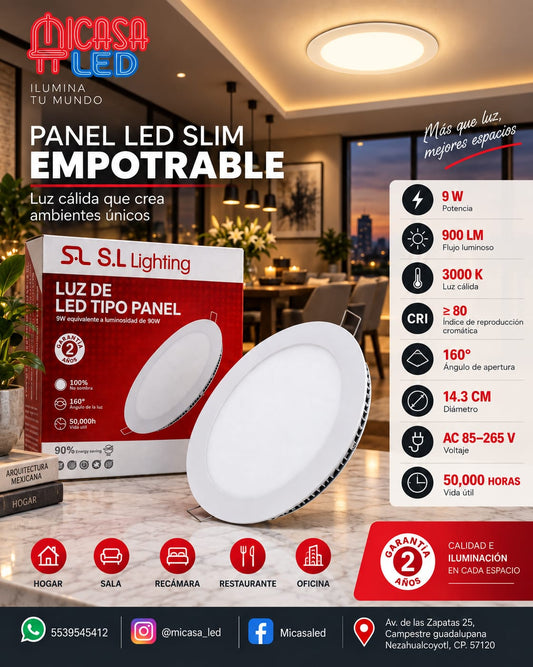 Panel LED Slim Redondo Empotrable 9 W SL