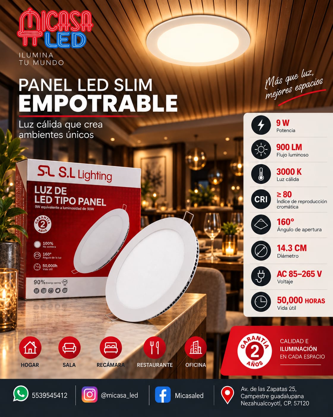 Panel LED Slim Redondo Empotrable 9 W SL
