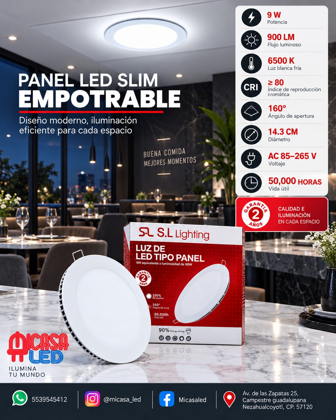 Panel LED Slim Redondo Empotrable 9 W SL