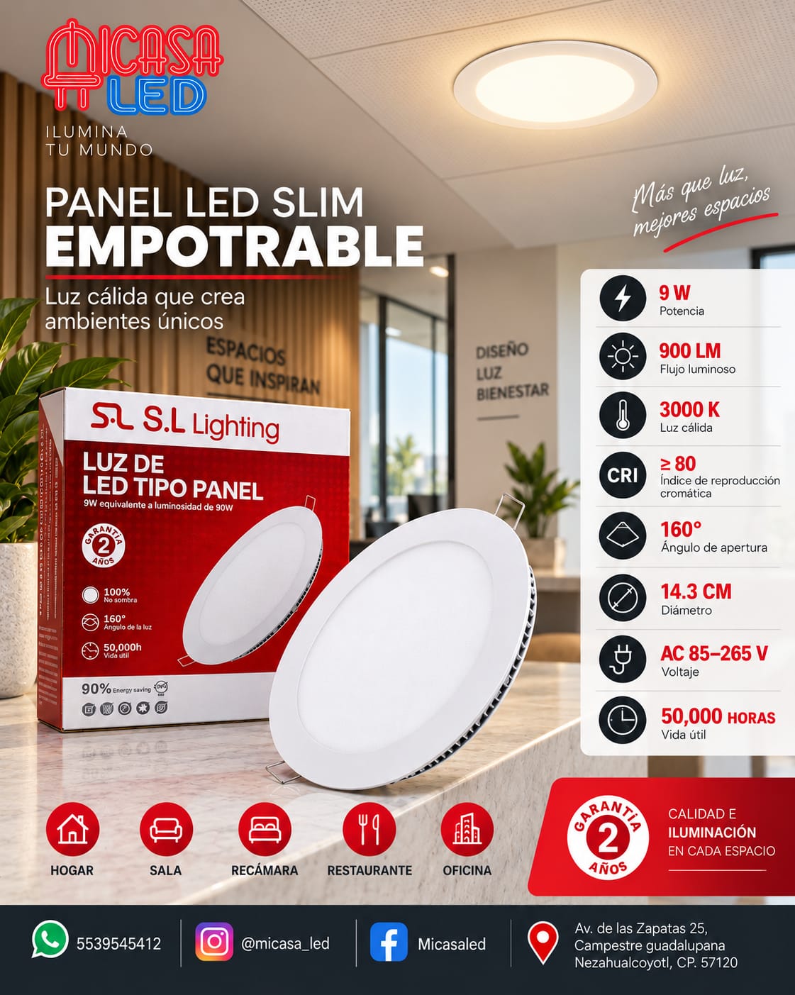 Panel LED Slim Redondo Empotrable 9 W SL