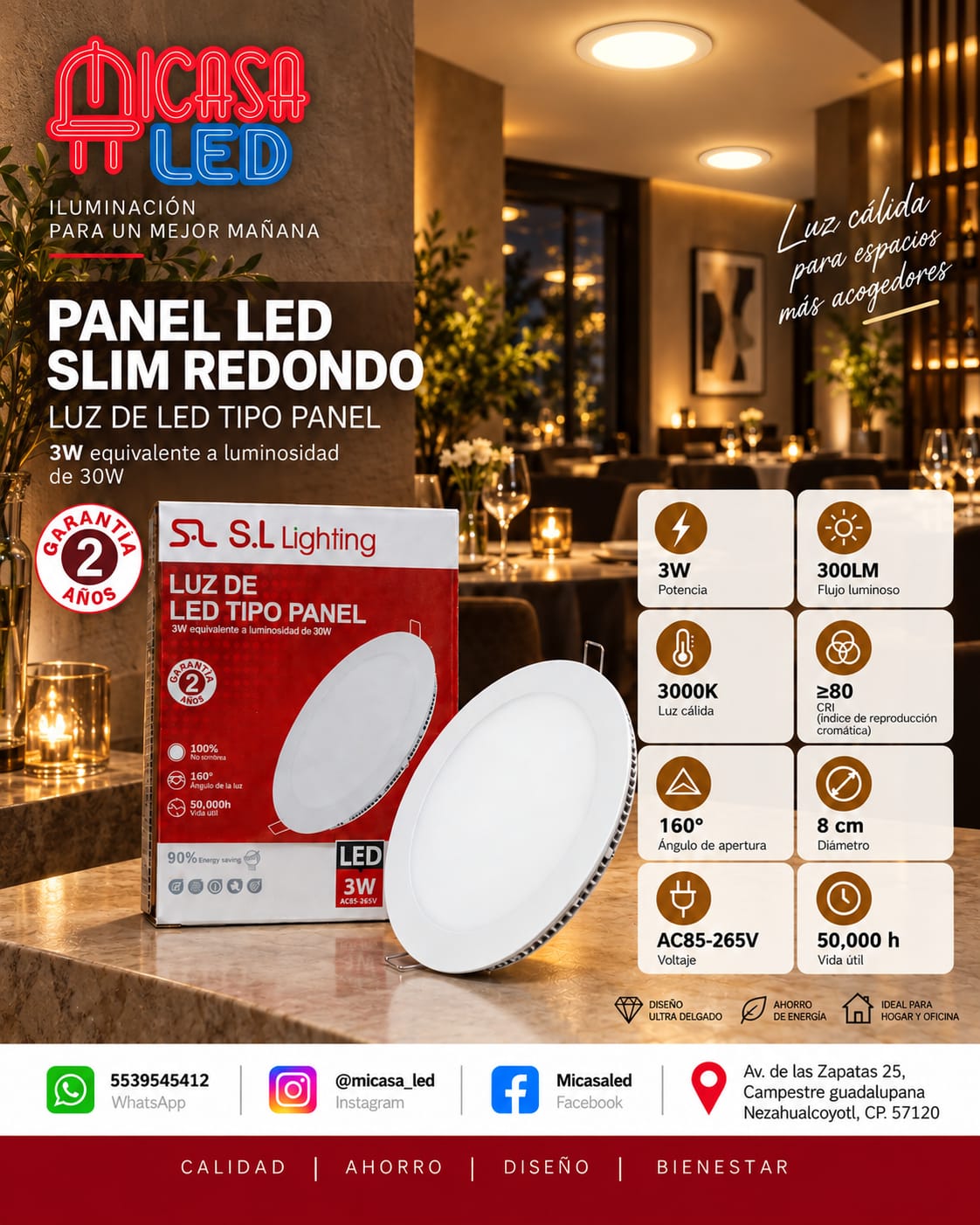 Panel LED Empotrable Slim Redondo 3W SL